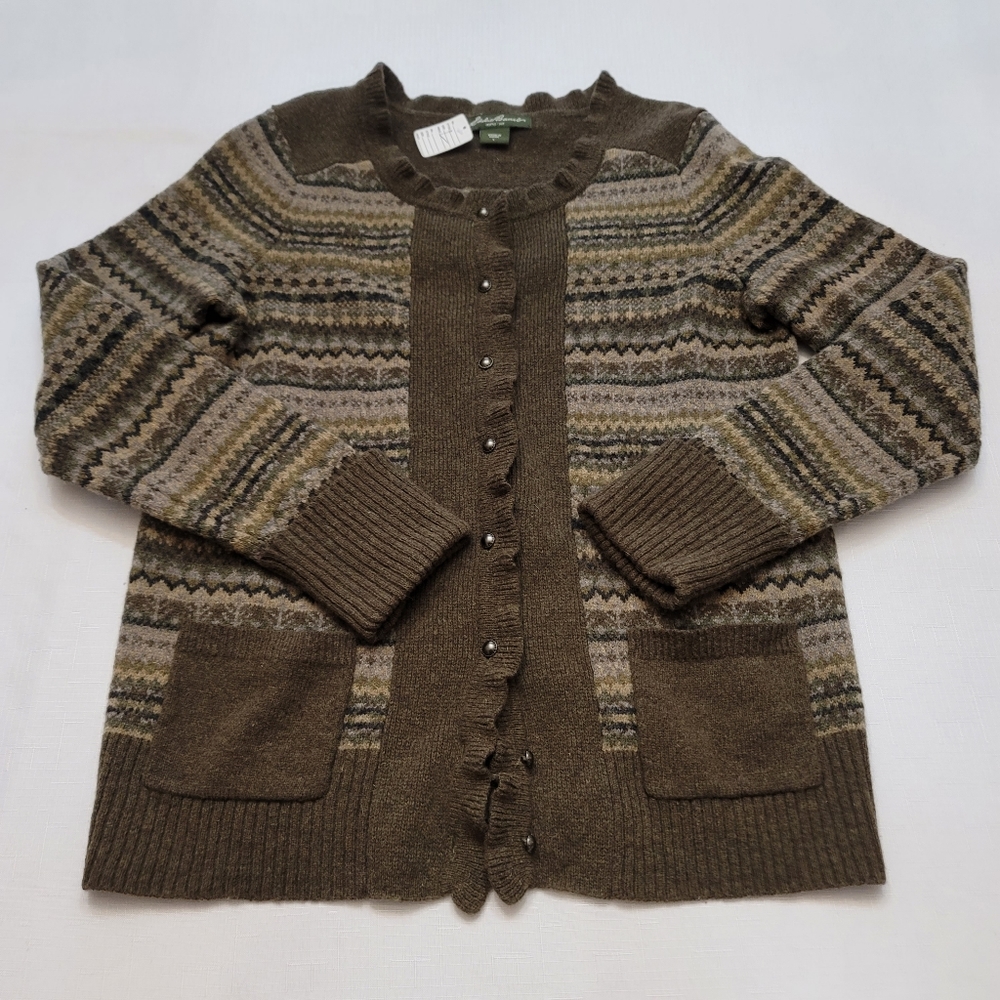Women's green Eddie Bauer Fair Isle Lambswool Cardigan Size Large Sweater